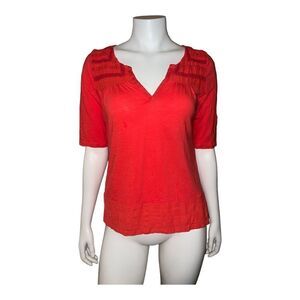Lucky Brand Live in Love Orange Embroidered Mid Sleeve Top Blouse Medium EUC